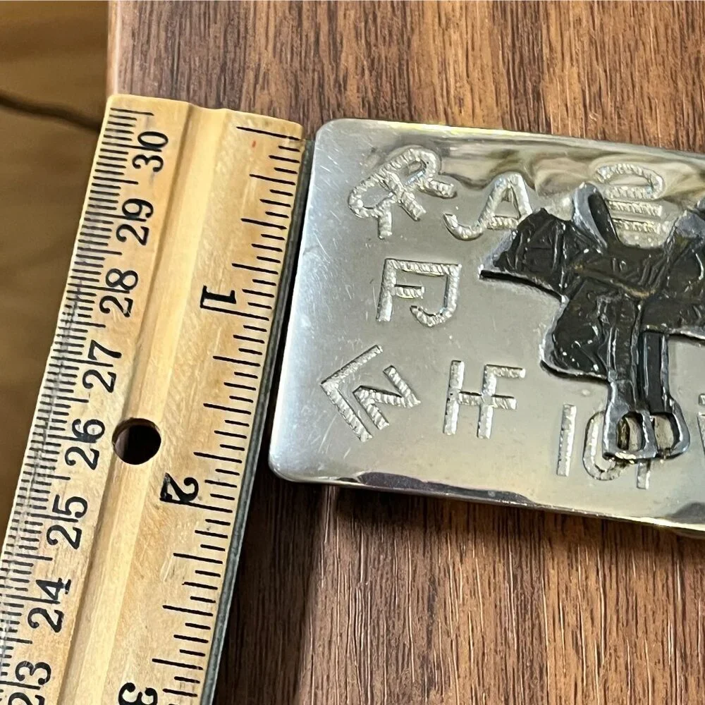 Western Metal Belt Buckle Saddle Embossed‎ Chrome USA Cattle Ranch Two Tone 80s